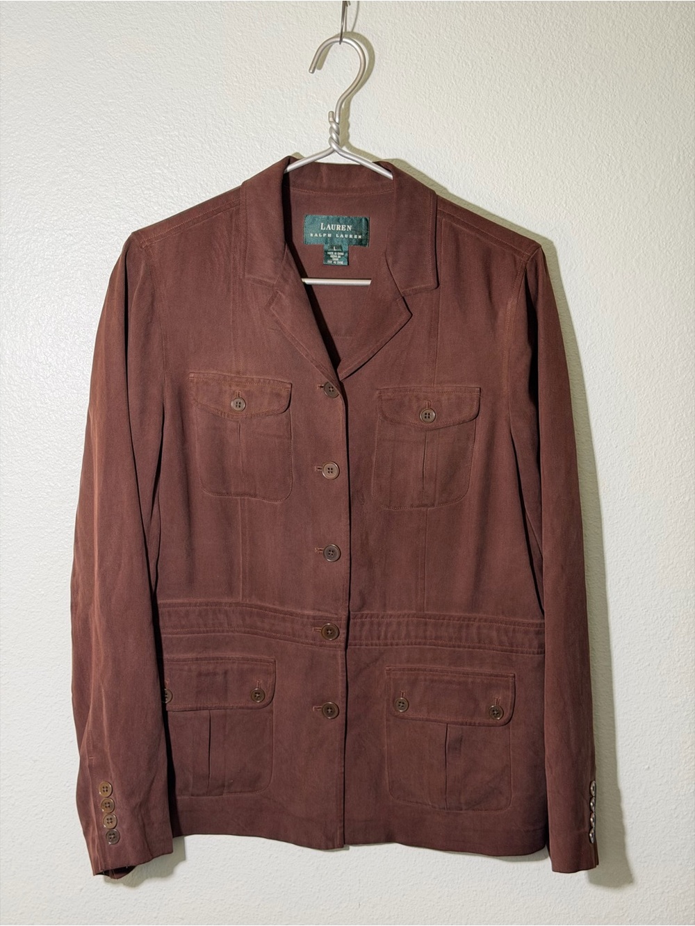 Lauren Ralph Lauren 100% Silk Shirt Jacket Brown Shacket Heritage Women’s Large